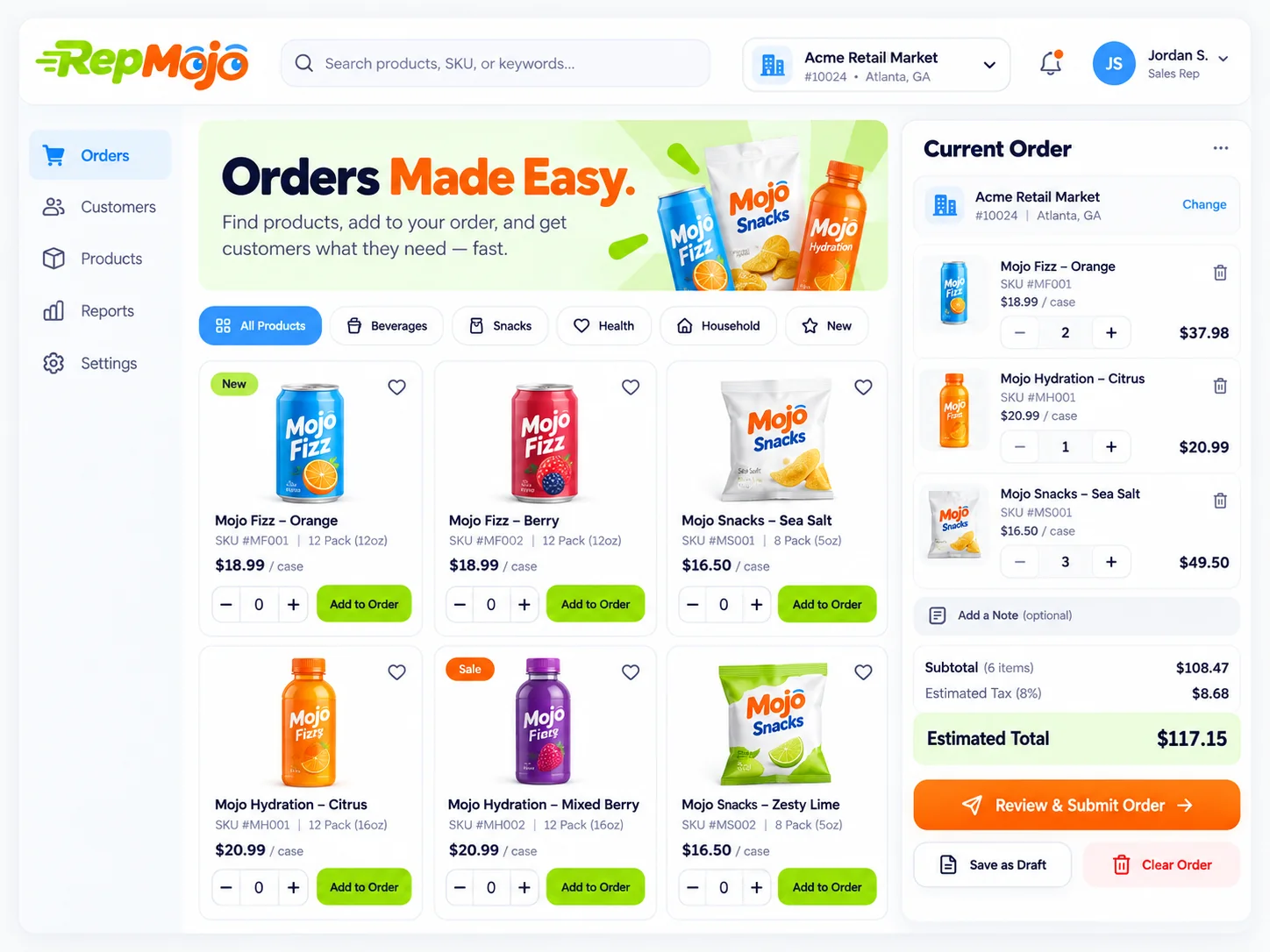 RepMojo order-taking workspace